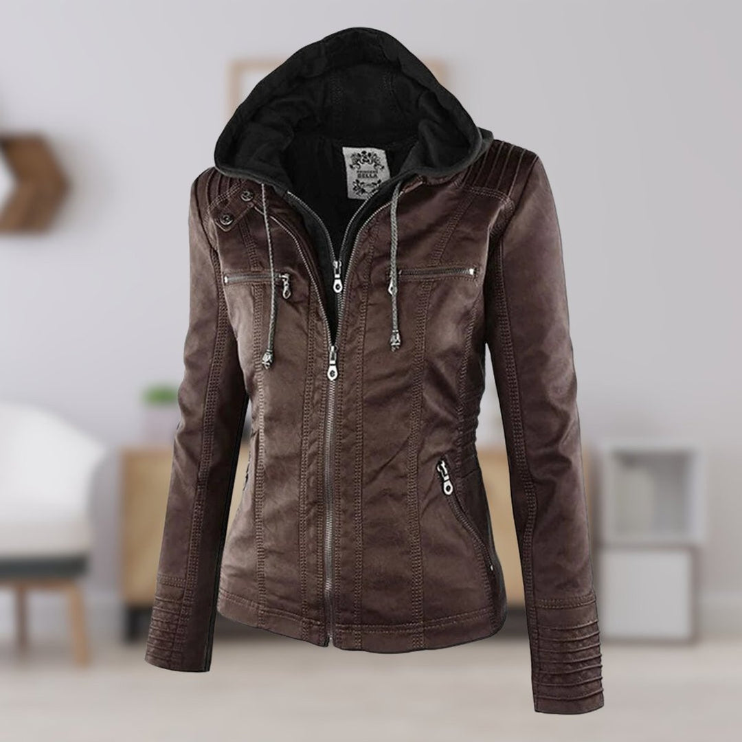 Women’s black faux leather hooded moto jacket by Bennett and Lowe with a removable hood, stylish and versatile outerwear.