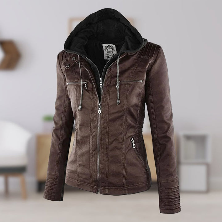 Women’s black faux leather hooded moto jacket by Bennett and Lowe with a removable hood, stylish and versatile outerwear.