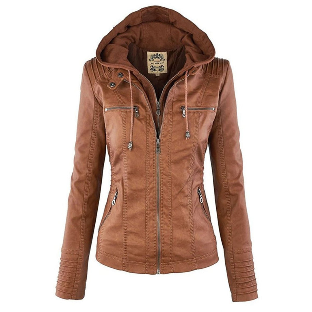 Women's faux leather hooded Moto jacket by Bennett and Lowe with a removable hood, featuring a classic motorcycle style.