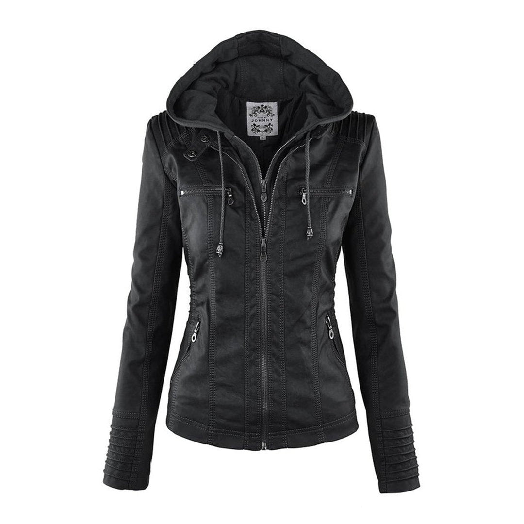 Women's black faux leather hooded moto jacket by Bennett and Lowe with a removable hood, featuring a fitted style and front zipper.