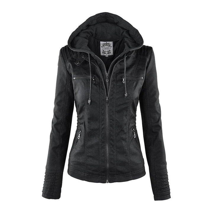 Women's black faux leather hooded moto jacket by Bennett and Lowe with a removable hood, featuring a fitted style and front zipper.