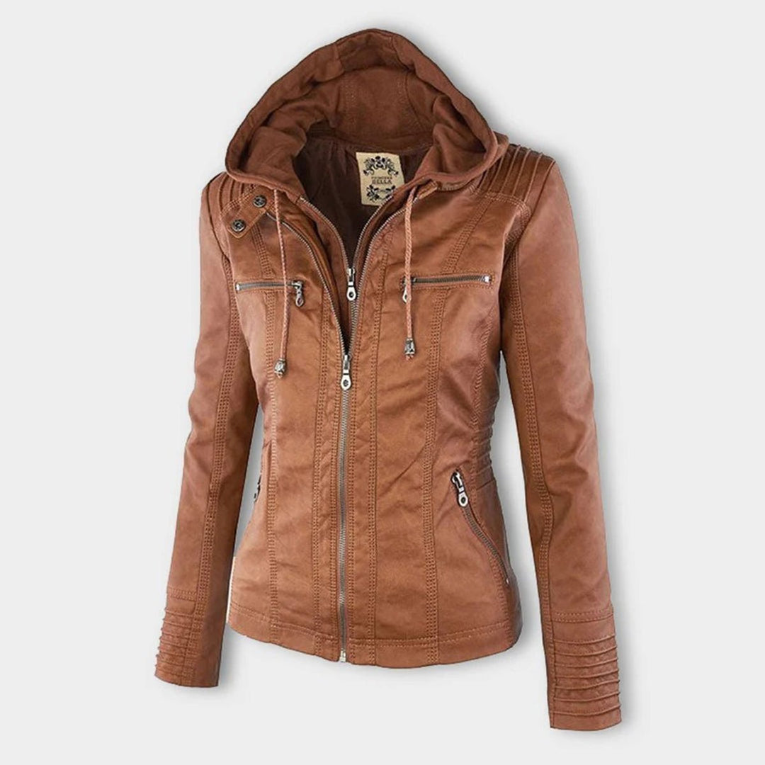 Women’s faux leather hooded moto jacket with removable hood from Bennett and Lowe, featuring a sleek, fitted design.