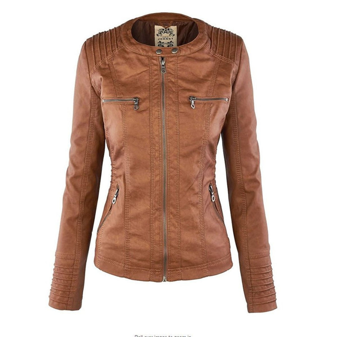 Women’s faux leather hooded moto jacket by Bennett and Lowe with a removable hood, stylish and fitted for a modern look.