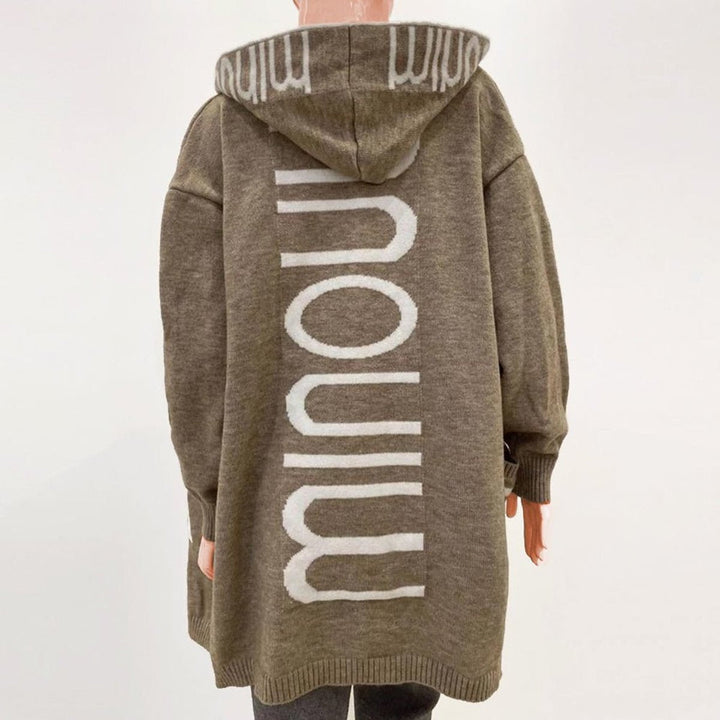 Women’s hooded open-front knit cardigan by Bennett and Lowe, featuring a cozy design and relaxed fit, perfect for layering.