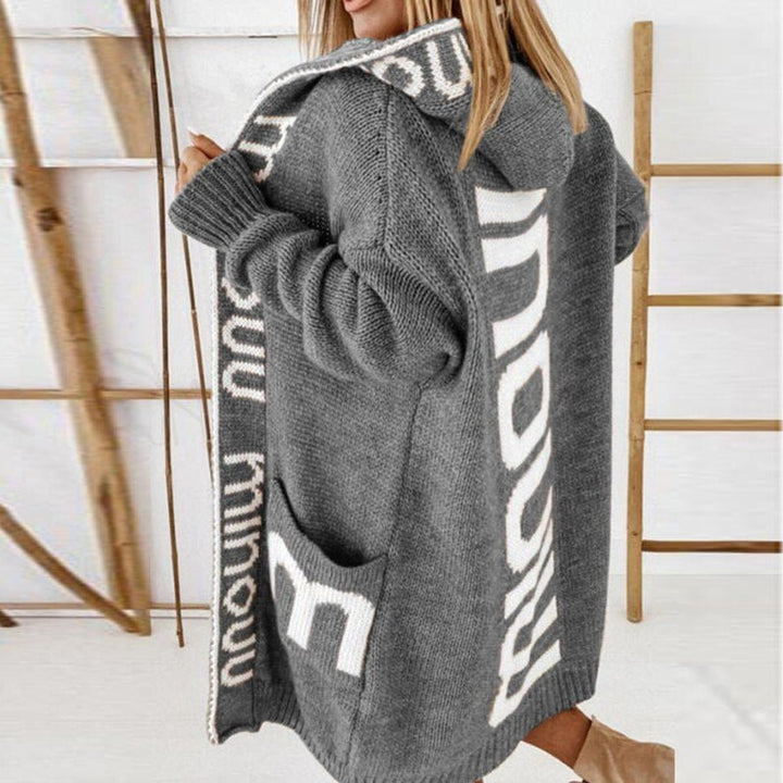 Women’s hooded open-front knit cardigan by Bennett and Lowe, featuring a cozy sweater jacket with a relaxed fit and front pockets.