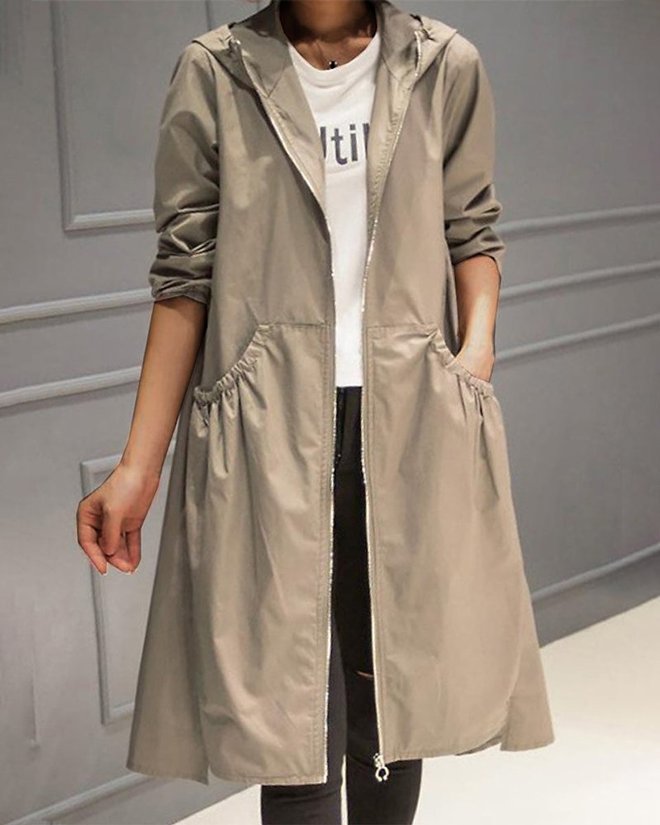 Women’s waterproof hooded long trench coat by Bennett and Lowe, featuring a zip-up front and classic trench style.