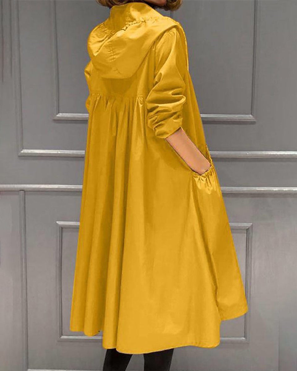 Waterproof hooded long trench coat for women by Bennett and Lowe, with a zip-up front and classic trench design.