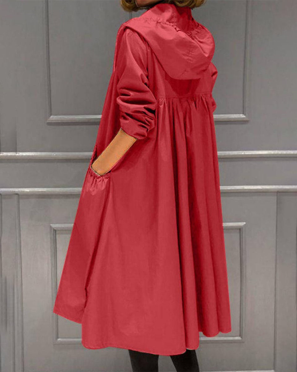 Women’s waterproof hooded long trench coat by Bennett and Lowe, zip-up design with a stylish, protective outer layer.