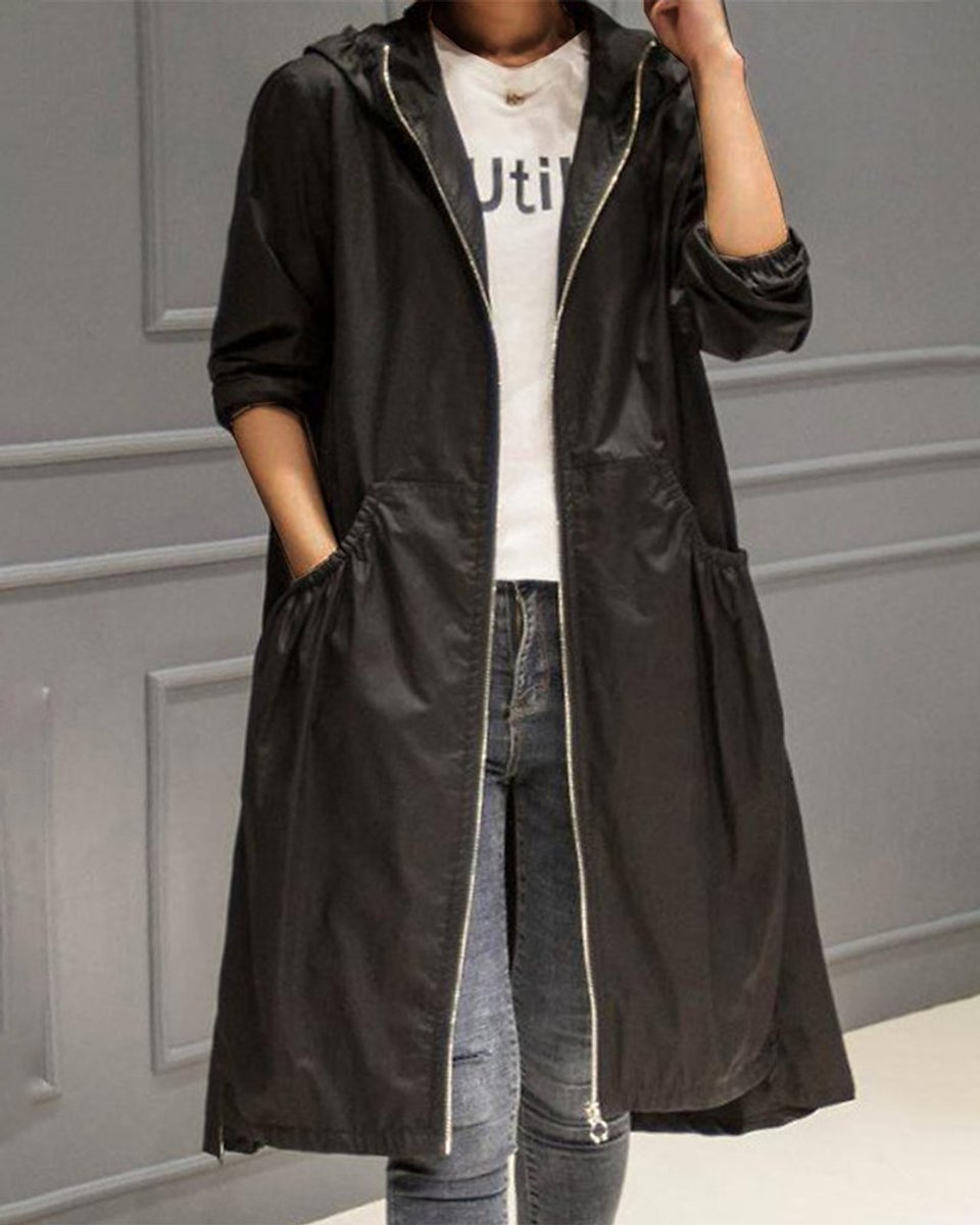 Women’s waterproof hooded long trench coat by Bennett and Lowe, featuring a zip-up front and classic trench design.