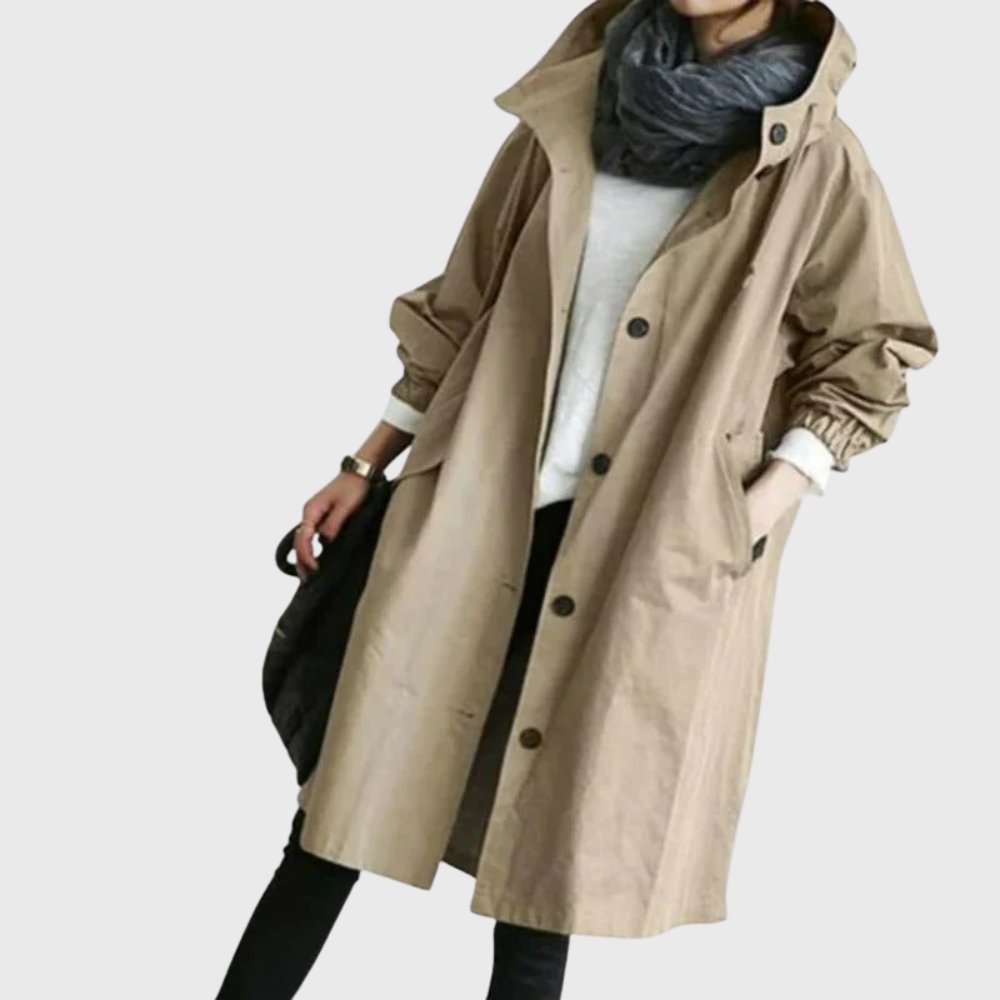 Women’s Bennett and Lowe Ruth hooded waterproof long trench coat, relaxed fit, stylish for rainy weather.