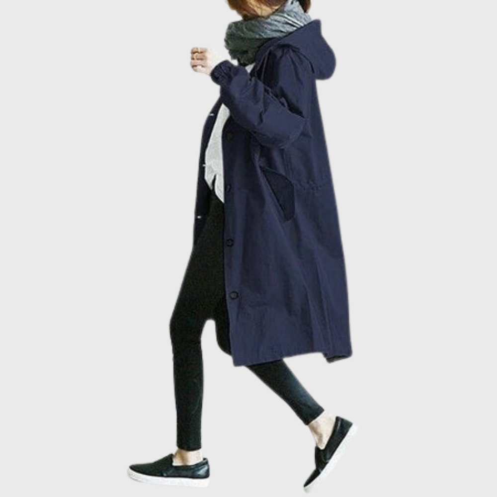 Women’s waterproof hooded relaxed-fit long trench coat by Bennett and Lowe, shown in a stylish and durable design.