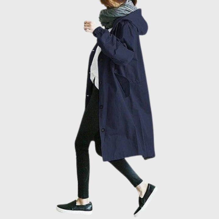 Women’s waterproof hooded relaxed-fit long trench coat by Bennett and Lowe, shown in a stylish and durable design.