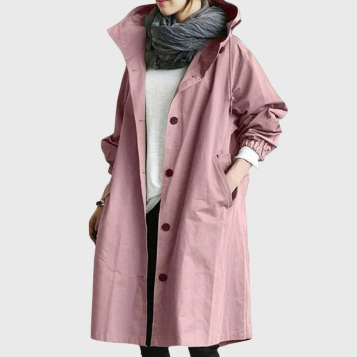 Women’s Bennett and Lowe Ruth hooded relaxed-fit long trench coat, waterproof, stylish outerwear with a hood and long sleeves.