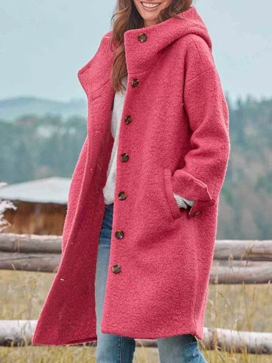 Women’s longline hooded fleece coat by Bennett and Lowe featuring a button-front design and cozy, stylish fit.