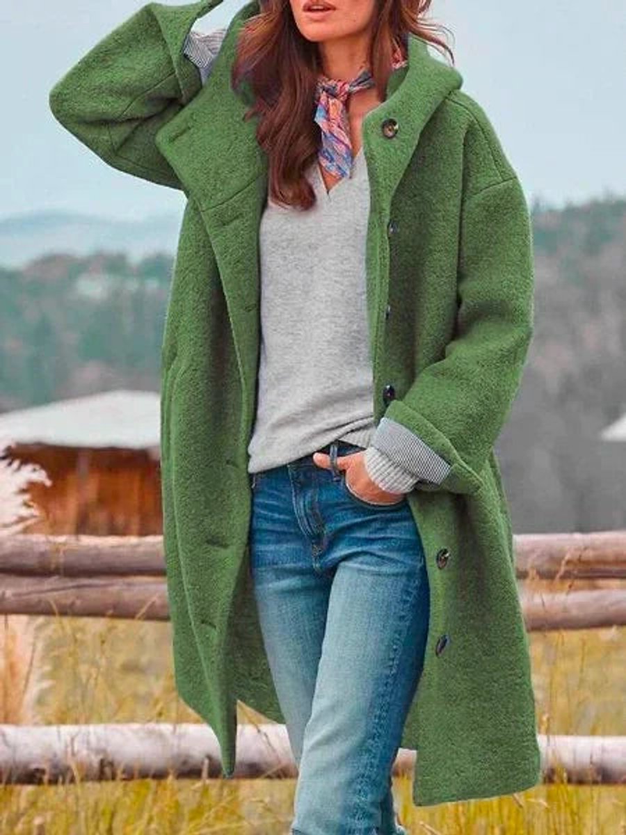 Longline hooded fleece coat for women by Bennett and Lowe with button front and cozy design, perfect for layered winter style.