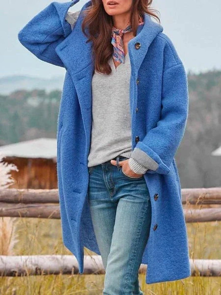 Longline hooded fleece coat for women by Bennett and Lowe, featuring button-front design and cozy, stylish fit.