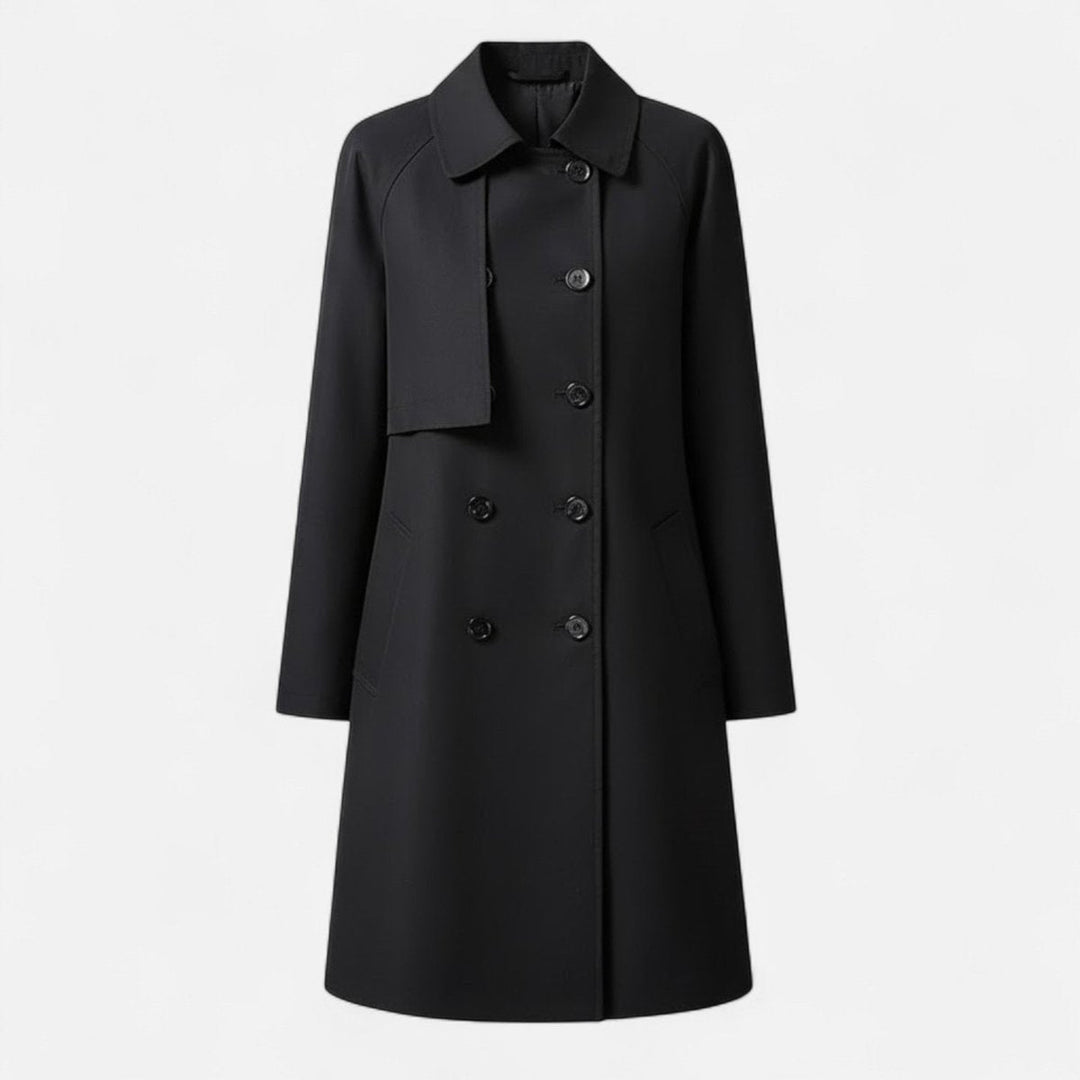 Women's tailored mid-length wool-blend double-breasted trench coat by Bennett and Lowe, displayed on a model.