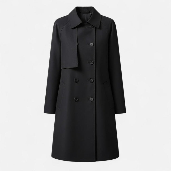 Women's tailored mid-length wool-blend double-breasted trench coat by Bennett and Lowe, displayed on a model.