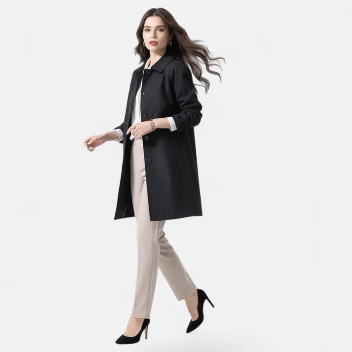 Women's tailored mid-length wool-blend double-breasted trench coat by Bennett and Lowe, stylish and perfect for cooler weather.
