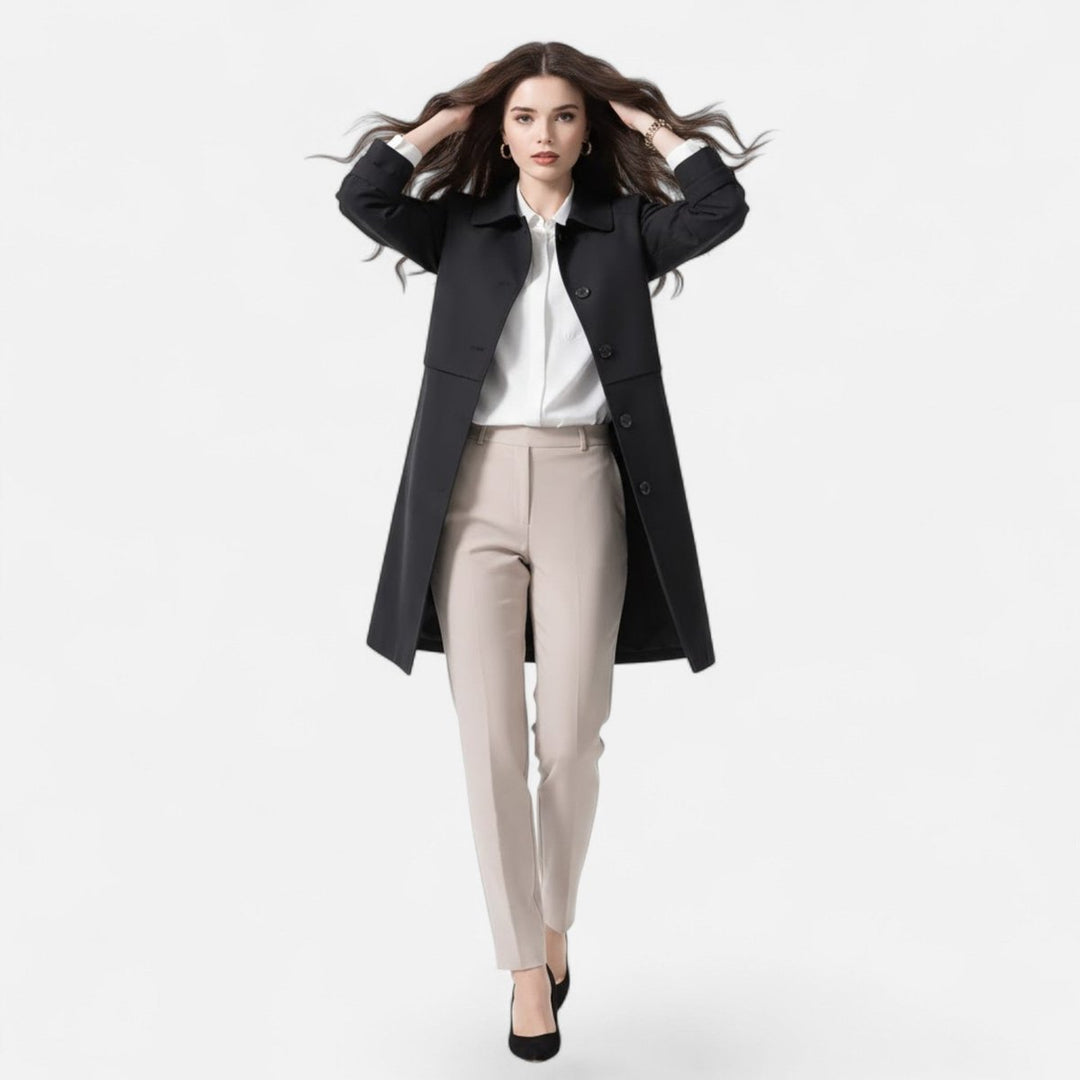 Women's tailored mid-length wool-blend double-breasted trench coat by Bennett and Lowe, featuring classic design and structured fit.