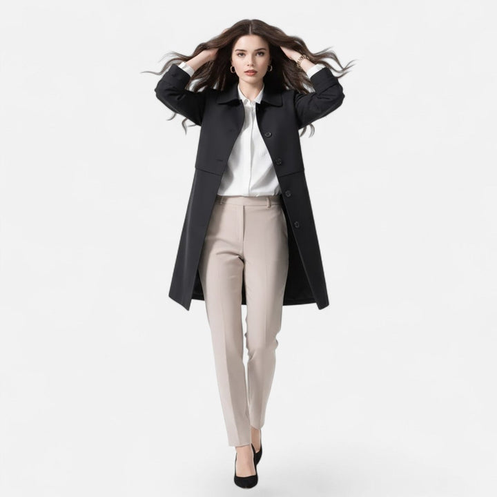 Women's tailored mid-length wool-blend double-breasted trench coat by Bennett and Lowe, featuring classic design and structured fit.