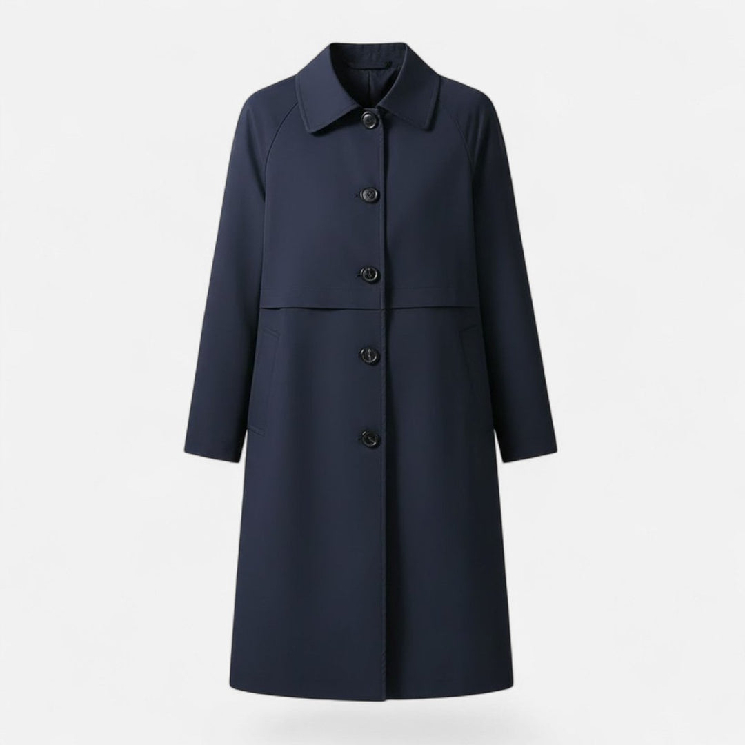 Women’s tailored mid-length wool-blend double-breasted trench coat by Bennett and Lowe, shown on a model.