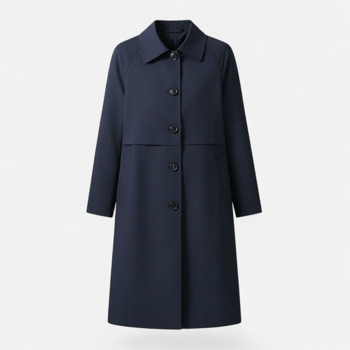 Women’s tailored mid-length wool-blend double-breasted trench coat by Bennett and Lowe, shown on a model.
