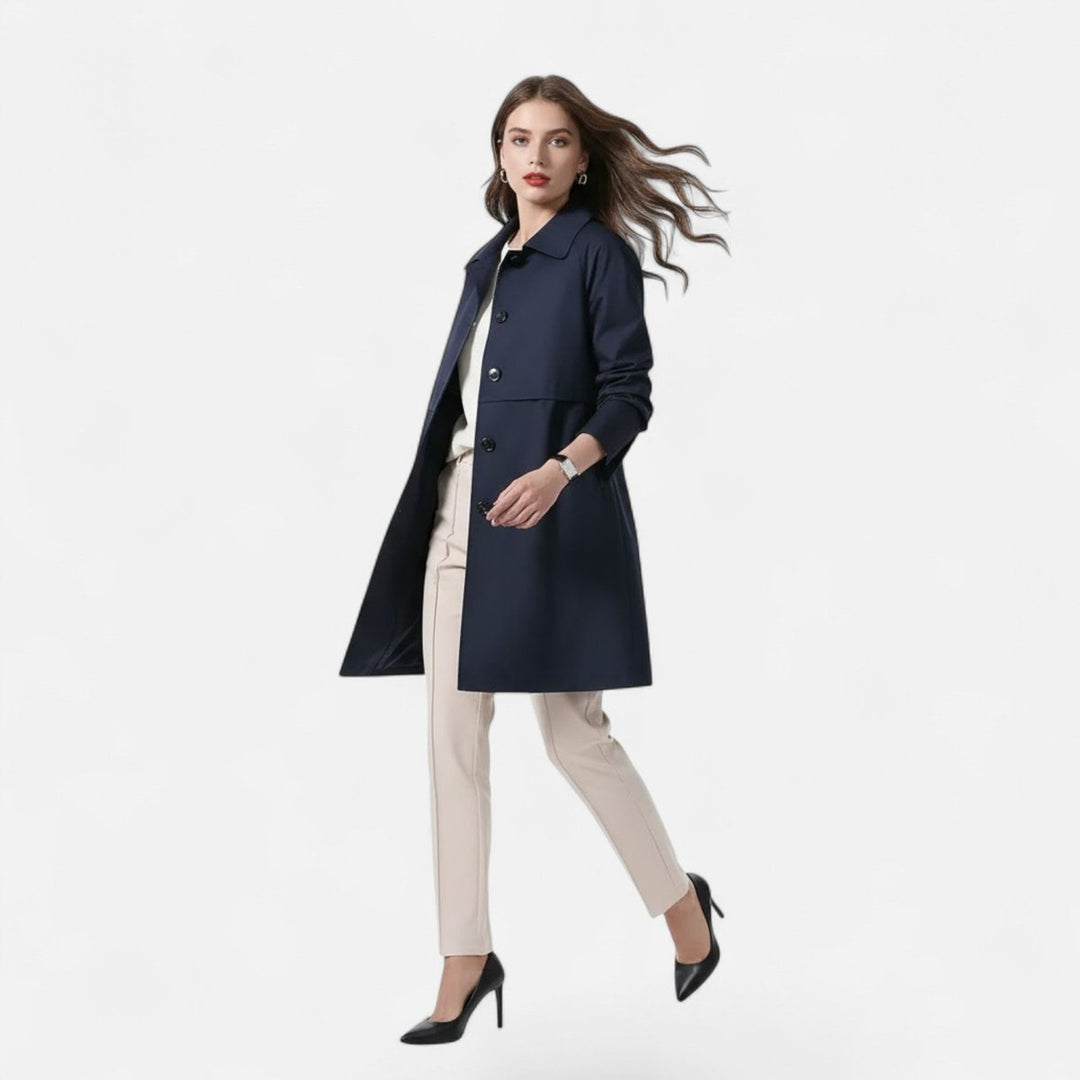 Women's tailored mid-length wool-blend double-breasted trench coat by Bennett and Lowe, stylish and versatile outerwear.