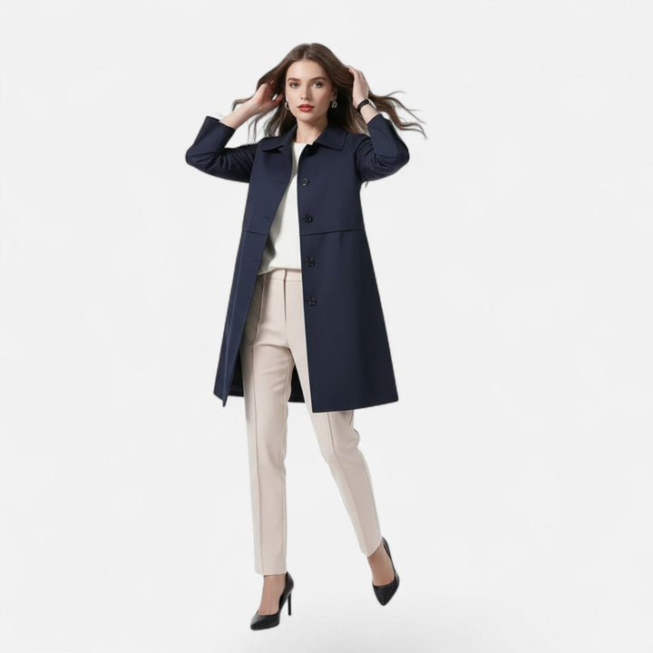 Women's tailored mid-length wool-blend double-breasted trench coat by Bennett and Lowe, shown in a stylish, structured design.