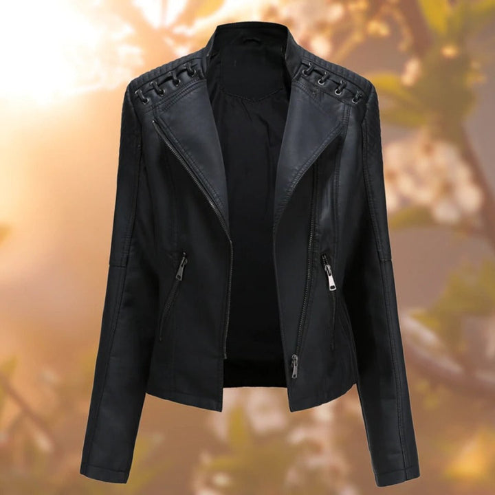 Women's moto-style zip-up faux leather jacket by Bennett and Lowe, featuring biker design, silver zipper, and fitted silhouette.