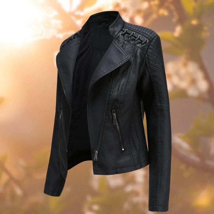 Women's Valentina moto-style zip-up jacket by Bennett and Lowe, faux leather biker jacket with zipper details and fitted design.
