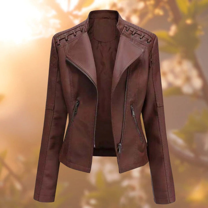 Women's Valentina moto-style zip-up jacket by Bennett and Lowe, featuring faux leather biker design with silver hardware.