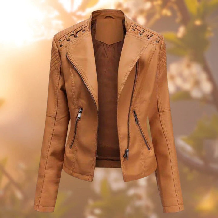 Women's moto-style zip-up faux leather biker jacket by Bennett and Lowe, featuring a sleek, fitted design with silver hardware.