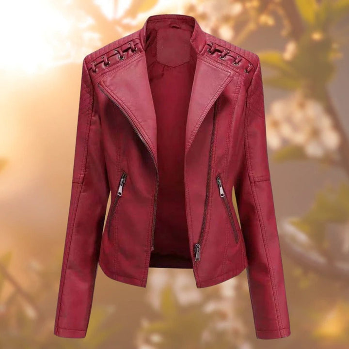 Women's Moto-Style Faux Leather Zip-Up Biker Jacket by Bennett and Lowe, featuring a sleek, fitted design and classic collar.