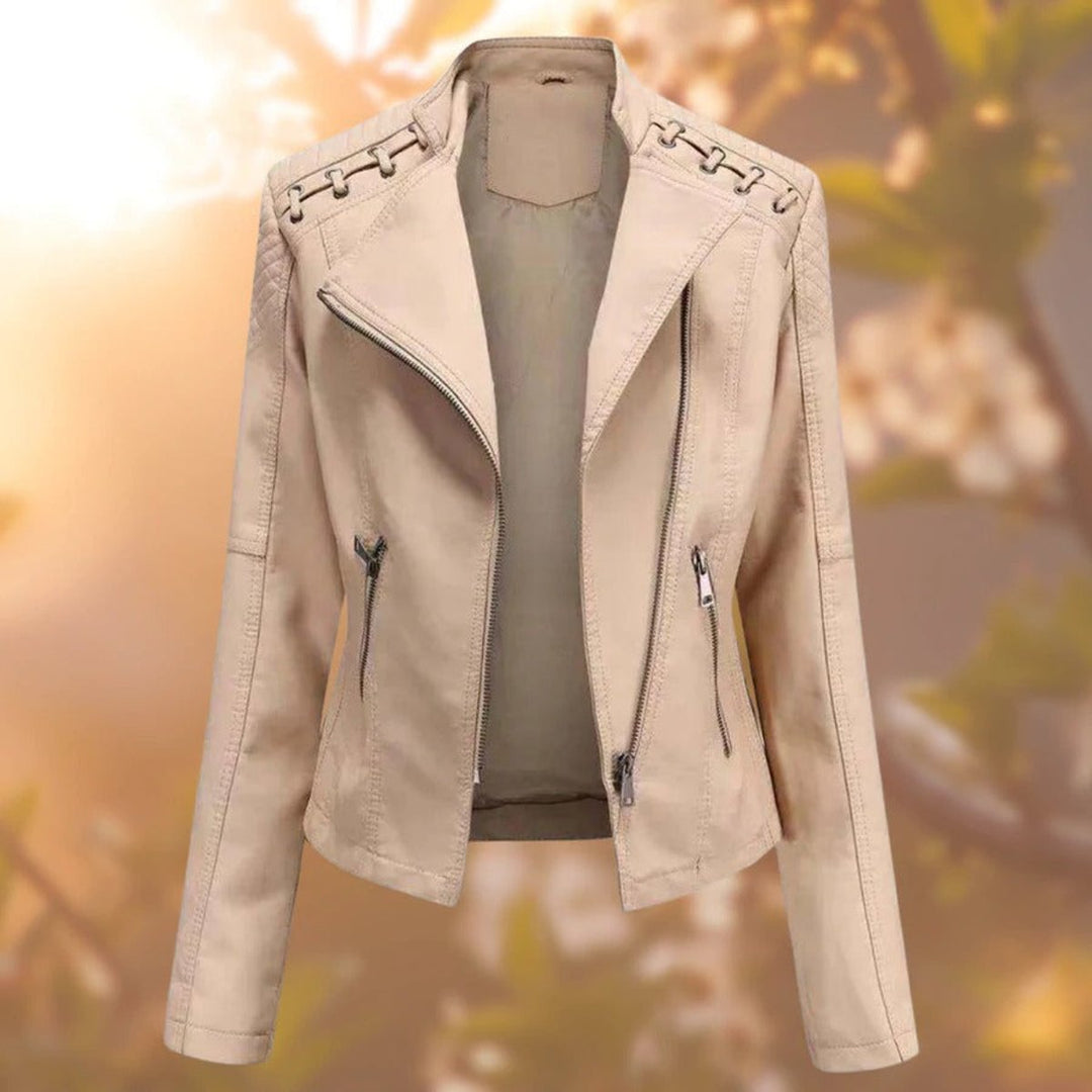Women’s faux leather moto-style zip-up biker jacket by Bennett and Lowe, featuring a fitted design and classic collar.