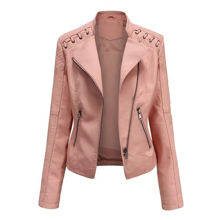 Women’s moto-style zip-up faux leather biker jacket by Bennett and Lowe, featuring a fitted design and classic collar.