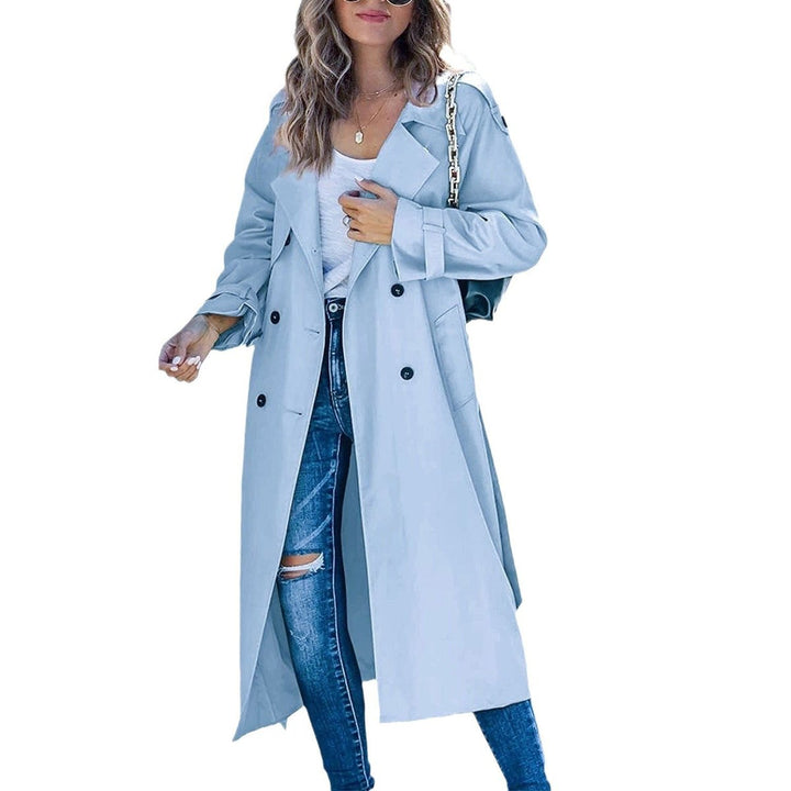 Women's Bennett and Lowe Juliet double-breasted belted longline trench coat, oversized design with classic collar and belt details.