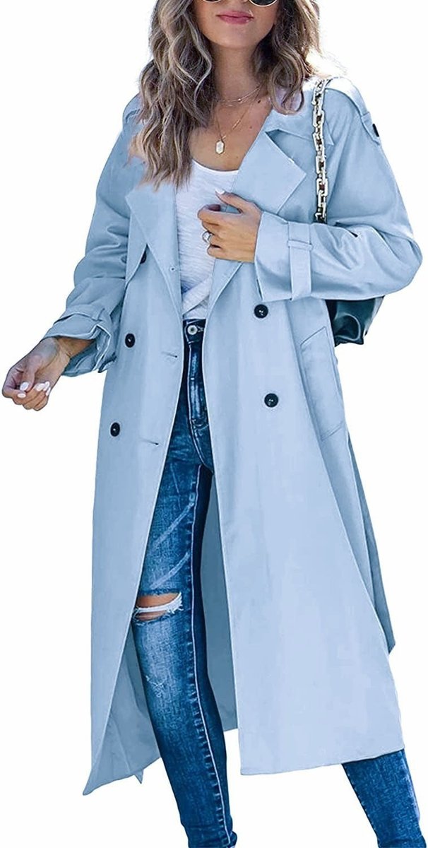 Women’s double-breasted belted longline trench coat by Bennett and Lowe, oversized fit, with collar and side pockets.