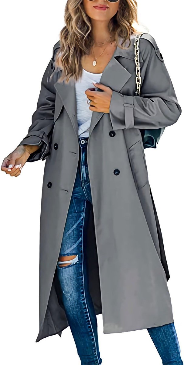 Women's Bennett and Lowe Juliet double-breasted belted longline trench coat, oversized style with classic collar and button details.