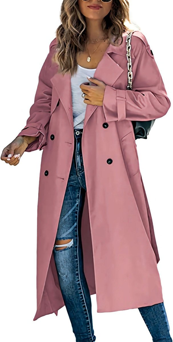 Women’s Bennett and Lowe Juliet double-breasted belted longline trench coat, oversized fit, beige color, front pockets, and classic lapels.