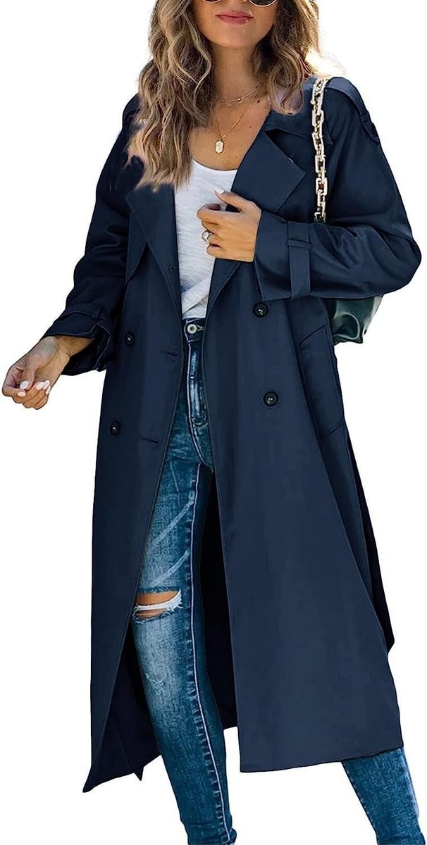 Women’s Bennett and Lowe Juliet double-breasted belted longline trench coat, oversized fit, in classic beige fabric.
