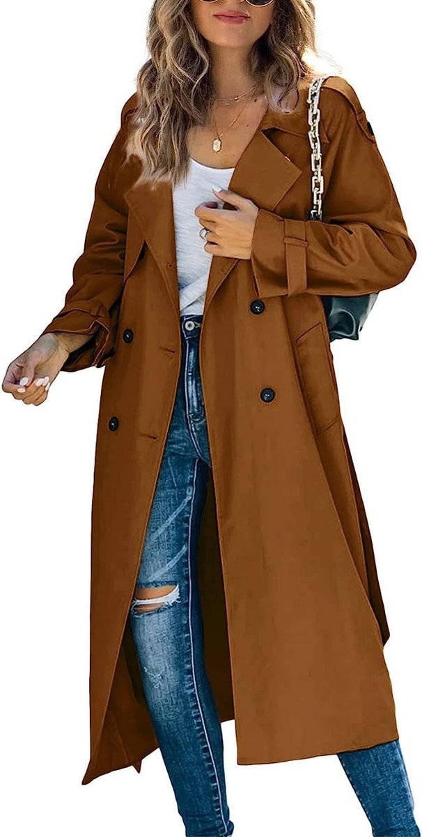 Women’s oversized double-breasted belted longline trench coat by Bennett and Lowe, shown in a neutral color with classic lapels.