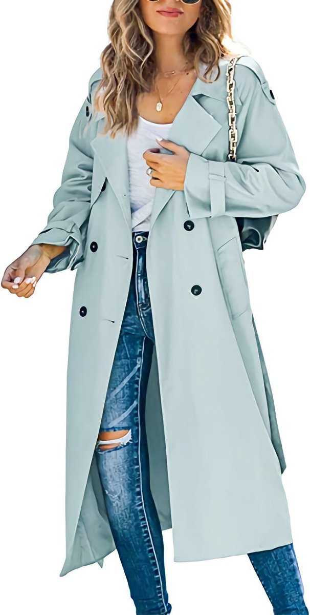 Women’s oversized double-breasted trench coat with belt from Bennett and Lowe, featuring a longline design and classic style.