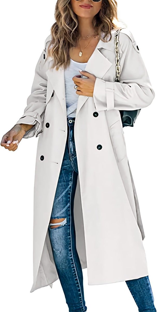 Women’s double-breasted belted longline trench coat by Bennett and Lowe, oversized fit, with classic collar and button details.
