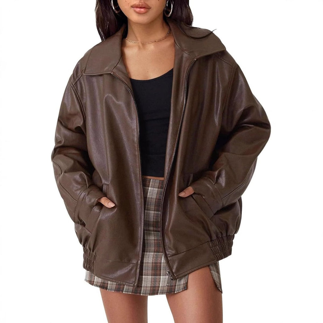 Women's oversized faux leather bomber jacket with zip-up closure from Bennett and Lowe, styled for a relaxed fit.