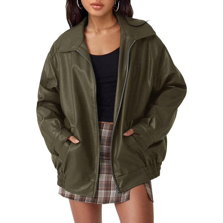 Women’s oversized faux leather bomber jacket with zip-up front by Bennett and Lowe, featuring a relaxed fit and stylish design.