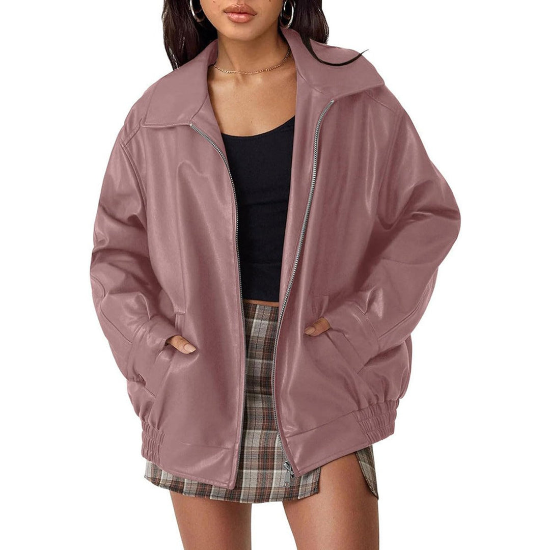 Women's oversized faux leather zip-up bomber jacket from Bennett and Lowe, featuring a relaxed fit and stylish design.
