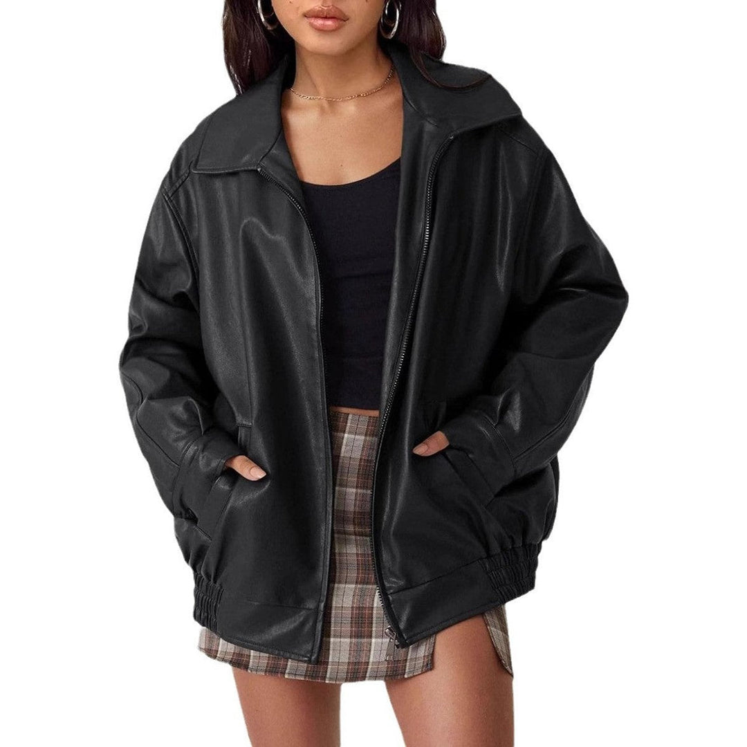 Women’s oversized faux leather bomber jacket by Bennett and Lowe, featuring a relaxed zip-up design and stylish fit.
