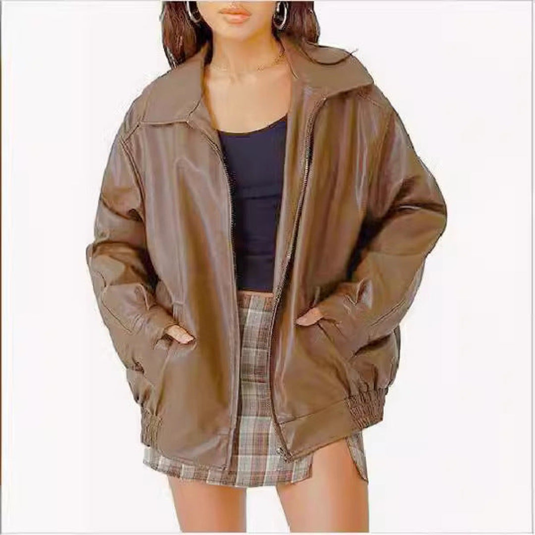 Women’s oversized faux leather bomber jacket with zip-up front by Bennett and Lowe, featuring a relaxed fit and stylish design.