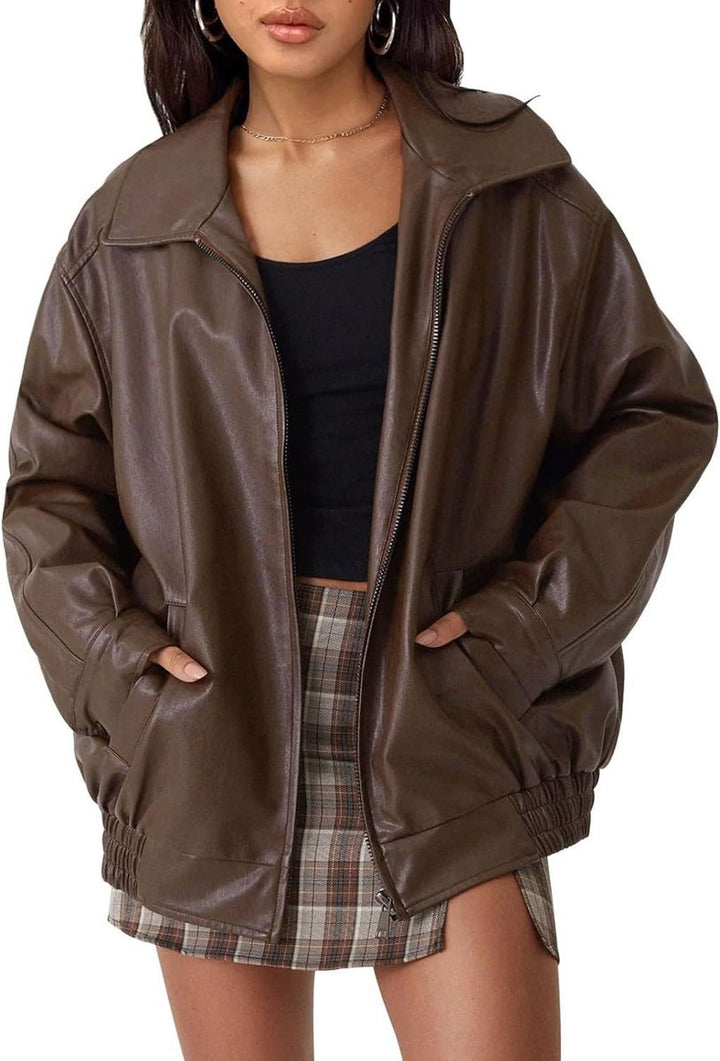 Women’s oversized faux leather zip-up bomber jacket by Bennett and Lowe, featuring a relaxed fit and stylish design.